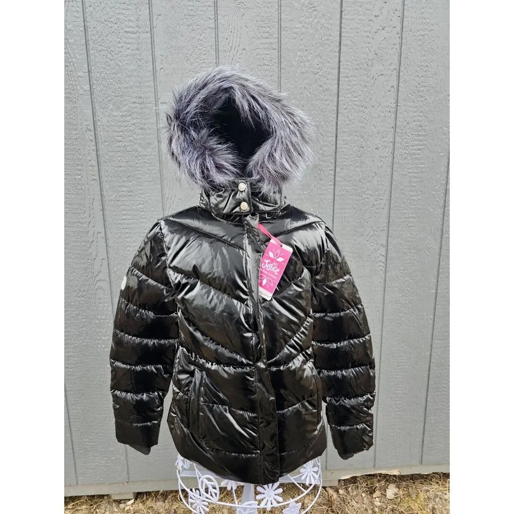 Justice Girls Black Puffer Jacket Hood Sherpa Lined Full‎ Zip Pockets Size S 7/8